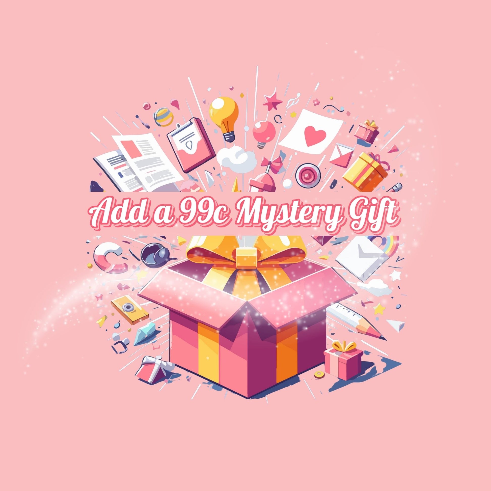 A bright pink background with a large red and yellow gift box bursting open. Colourful icons like hearts and rainbows scatter around the box, giving an excited, magical vibe. Bold white and pink text reads "Add a 99c Mystery Gift". The overall look is fun, playful and matches a youthful skincare brand aesthetic.