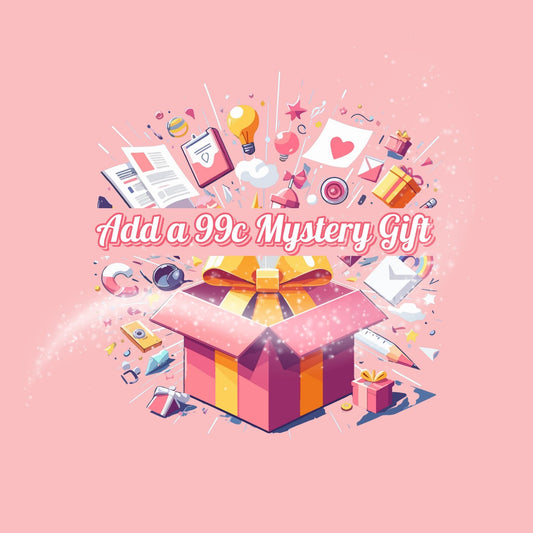 A bright pink background with a large red and yellow gift box bursting open. Colourful icons like hearts and rainbows scatter around the box, giving an excited, magical vibe. Bold white and pink text reads "Add a 99c Mystery Gift". The overall look is fun, playful and matches a youthful skincare brand aesthetic.