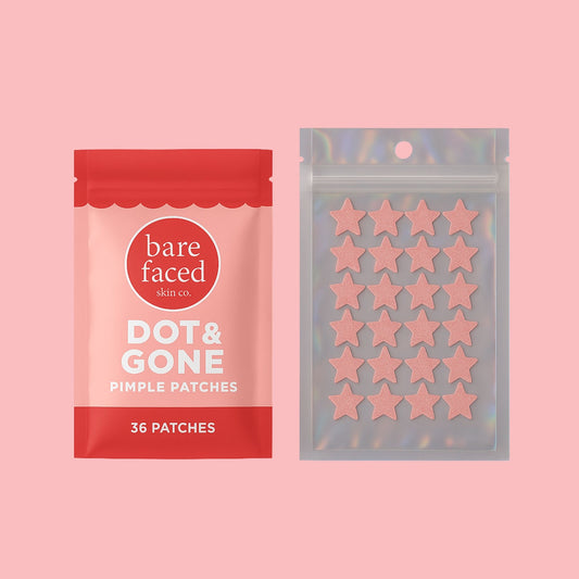 Flatlay of Bare Faced Skin Co.™ Clear and Sparkle Duo™ - one Dot & Gone™ clear hydrocolloid pimple patch pouch and one Dot & Dazzle™ hydrocolloid star-shaped patches on a pink background