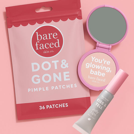 Dot & Glow™ Bundle with pimple patches + lip gloss and pocket mirror on light pink background - Bare Faced Skin Co.