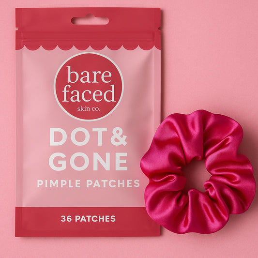 Bare Faced Skin Co.™ Dot & Tied™ bundle with scrunchie and pimple patches.