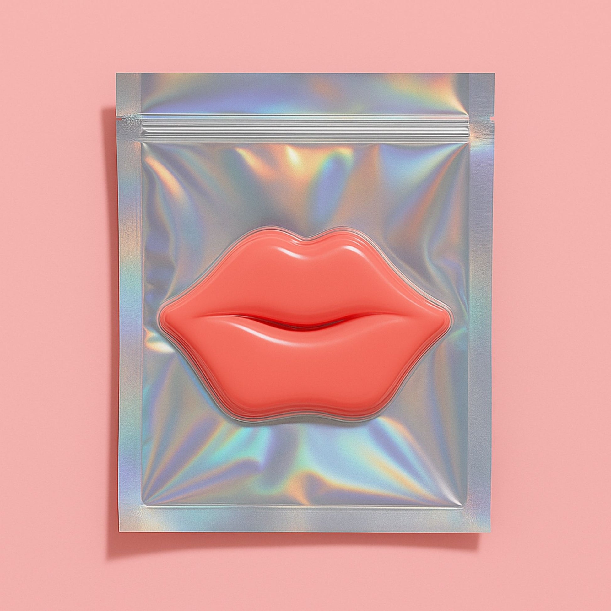 Holographic packaging with pink lip-shaped masks from the Peek & Pout™ Eye & Lip Mask - Bare Faced Skin Co.