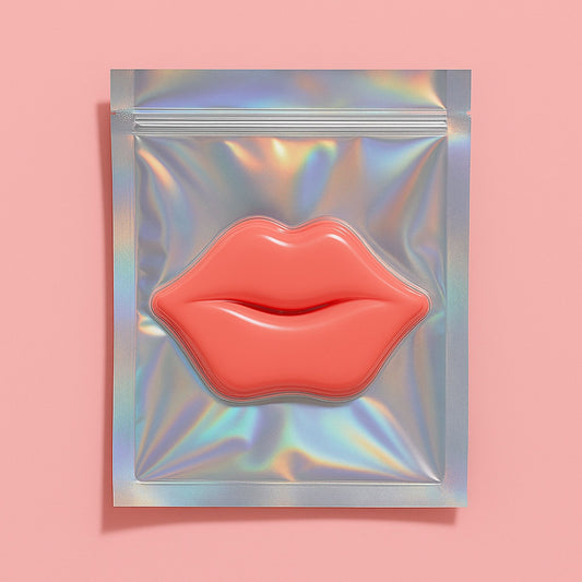 Holographic packaging with pink lip-shaped masks from the Peek & Pout™ Eye & Lip Mask - Bare Faced Skin Co.
