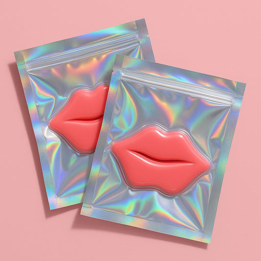 Hydrating pink lip masks in holographic zip pouches - part of the Kiss & Tell BFF Bundle lip and eye mask set by Bare FAced Skin Co.