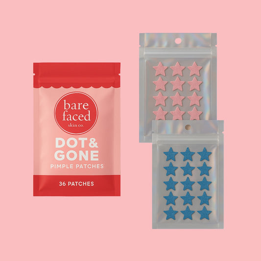 Flat lay of Bare Faced Skin Co. Starry Night™ Bundle. Three pouches featuring clear, pink and blue sparkly star hydrocolloid pimple patches on a pink background.